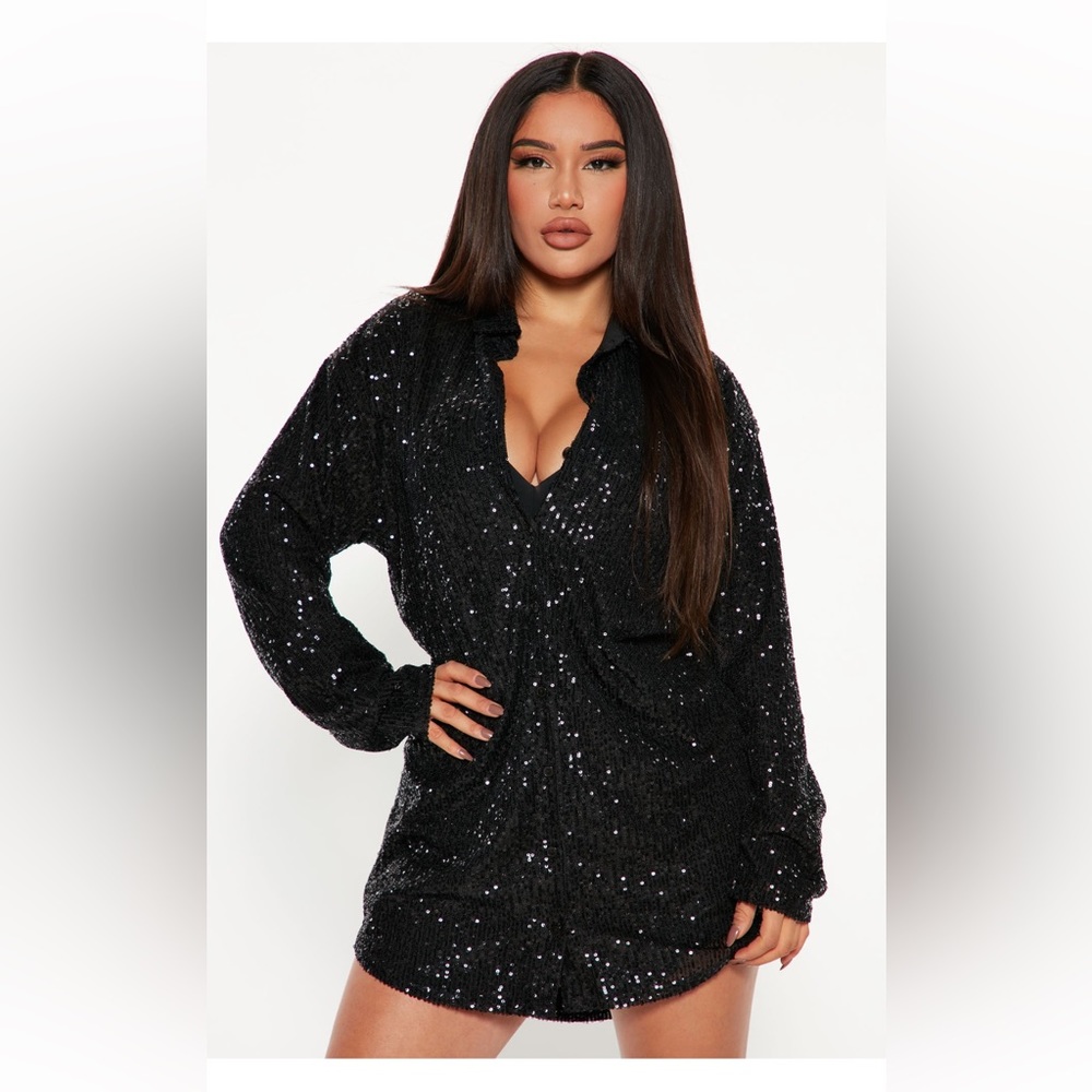 Black Sequin Shirt Dress